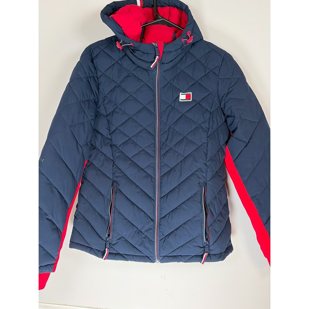Tommy Hilfiger Womens Navy Red Quilted Hooded Puffer Jacket Size M Thumbhole